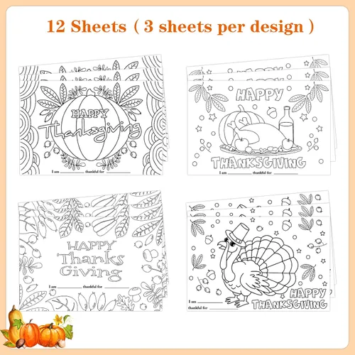 Vista 5 de Colorea tus propios manteles individuales, 12 hojas de otoño de Acción de Gracias para niños, de 11 x 17 pulgadas, manteles individuales de papel