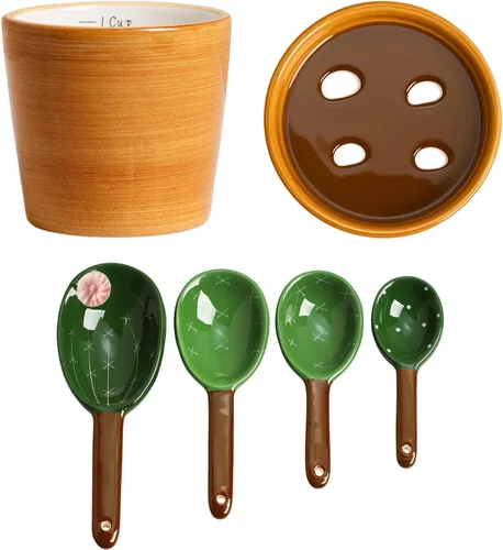 Vista 7 de Sizikato 4 cucharas medidoras de porcelana con base, bonita forma de cactus