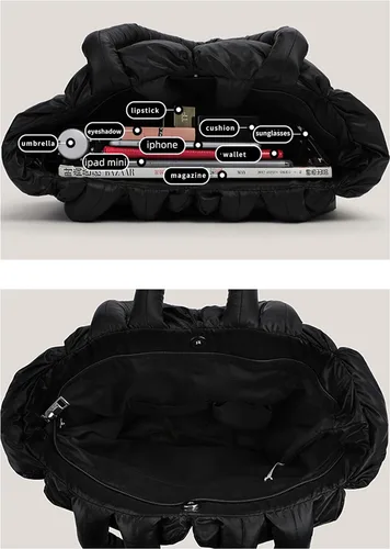 Vista 5 de Bolsa grande acolchada, de algodón, acolchada de moda, para mujer, bolsa de hombro suave, bolsa de nailon con almohada de plumón