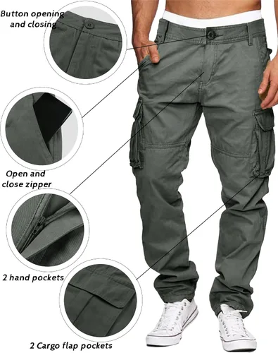 Vista 4 de LVCBL Pantalones cargo para hombre, de algodón, ajuste relajado, con múltiples bolsillos para hombre