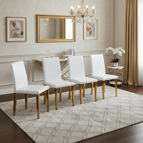 Vista 2 de Juego de 4 sillas de comedor modernas, piel sintética blanca con patas de metal dorado, 35.4 x 16 x 18.5 pulgadas, asientos acolchados de esponja
