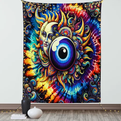 Vista 59 de Ambesonne Tapiz de hongos, atmósfera psicodélica, escena astral estrellada con motivos orientales trippy, decoración de tela para colgar en la pared
