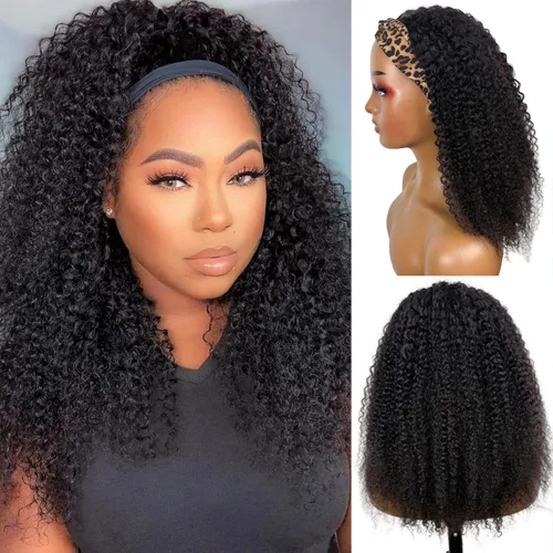 Vista 2 de Boopwine Peluca de cabello humano rizado con diadema para mujeres negras, 28 pulgadas, sin pegamento, sin encaje frontal, peluca de cabello virgen