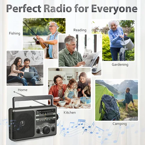 Vista 6 de Greadio Radio transistor de radio portátil AM FM con conector de auriculares de 0.138 in, modo de tono alto/bajo, altavoz grande, alimentación de CA
