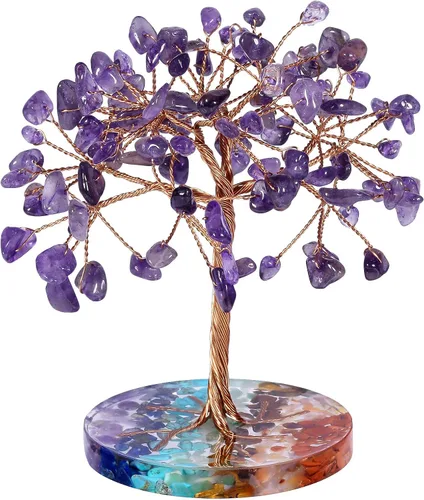 Vista 9 de rockcloud Árbol de dinero de alambre de cobre de cristal aguamarina con base redonda de resina colorida, árbol de piedra bonsái hecho a mano