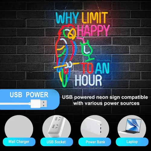 Vista 6 de Letrero de barra con texto en inglés «Why Limit Happy To An Hour Beer Tiki Cian+amarillo