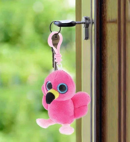 Vista 7 de DolliBu Big Eye - Llavero de peluche de flamenco rosa, llavero de flamenco de peluche, llavero de animal esponjoso para mochila o bolso, llavero