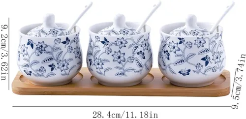 Vista 2 de Tarros de especias para condimentos, tarro de cerámica azul y blanco para restaurante con vinagre retro, tarro de chile, tarro de sal, salsa
