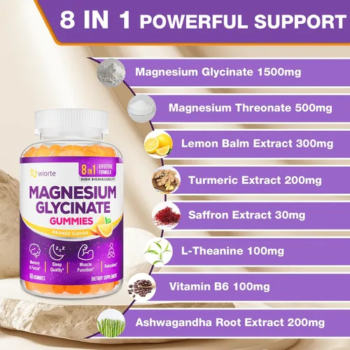 Vista 6 de Suplemento de gomitas de glicinato de magnesio para mujeres adultas, gomitas de magnesio con L-treonato, Ashwagandha, vitamina B6: sueño