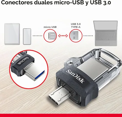 Vista 6 de [Usado] SANDISK Unidad ultra dual m3.0 de 128 GB para dispositivos y computadoras Android - microUSB, USB 3.0 - SDDD3-128G-GAM46