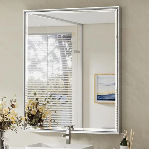 Vista 55 de Espejo de baño negro, espejo de baño biselado de 16 x 24 pulgadas para pared, espejo con marco negro antioxidante para decoración de baño, sala