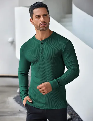 Vista 14 de COOFANDY Camisas Henley de manga larga para hombre, camisetas elásticas acanaladas, camisetas básicas casuales de moda