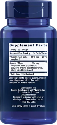 Vista 2 de Life Extension Gamma E Tocoferoles y Tocotrienoles Mezclados – Espectro Completo de Vitamina E, Protección Antioxidante – Sin GMO, Sin Gluten – 60