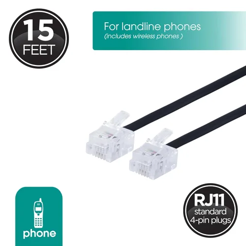 Vista 2 de Power Gear Cable de línea telefónica, 15 pies, cable telefónico, extremos modulares, funciona para teléfono, módem o máquina de fax