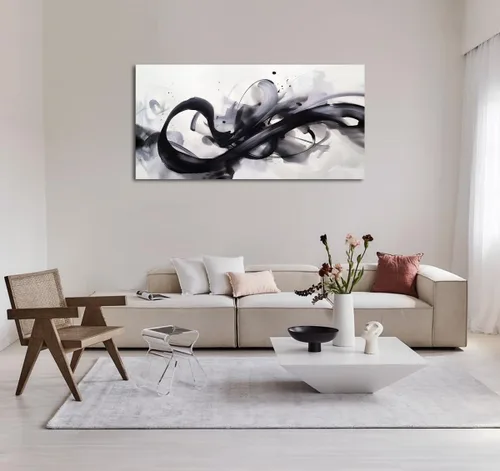 Vista 2 de HONGRUIFAN Lienzo abstracto blanco y negro para pared, diseño de líneas geométricas, imagen grande de 20 x 40 pulgadas, ilustraciones contemporáneas
