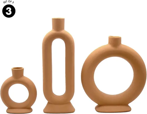 Vista 2 de Koyal Wholesale Portavelas de cerámica abstractos para candelabros, juego de 3 - terracota mate