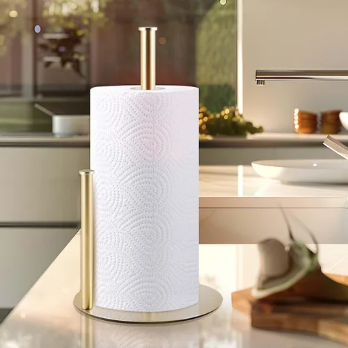 Vista 3 de Toallero de papel dorado, soporte de encimera de acero inoxidable para cocina y baño con base antideslizante, diseño portátil con asa superior, se