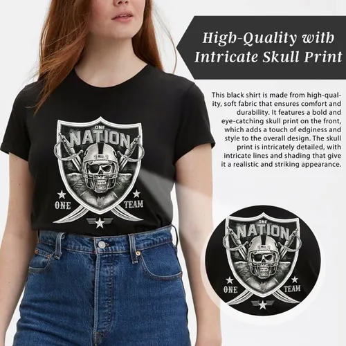 Vista 7 de One Nation One Team - Camiseta unisex de cuello redondo con diseño de calavera y espada en negro y blanco y plateado