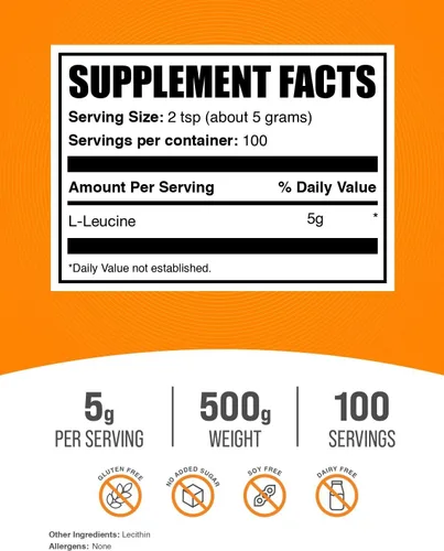 Vista 2 de BulkSupplements.com Polvo de L-Leucina - Suplementos de Leucina, Suplementos BCAA - Polvo de Aminoácidos, Sin Sabor, 5g por Porción, 500g (1.1 lbs)