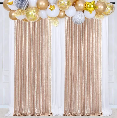 Vista 4 de Poise3EHome - Cortinas de lentejuelas con purpurina champagne, 2 piezas de 2 x 8 pies, paneles de purpurina para fiesta de Halloween, fiesta