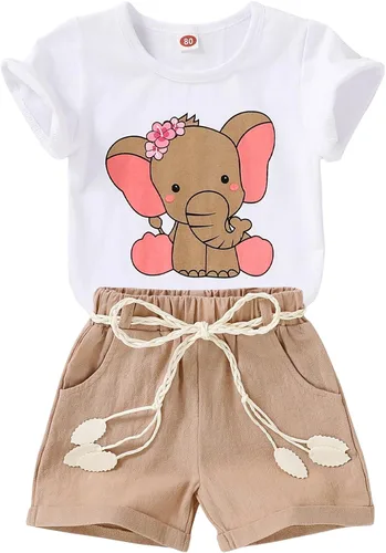 Vista 21 de YOUNGER TREE - Conjunto de ropa para bebés y niñas, camiseta de sandía y pantalones cortos de lino con cinturón, conjunto de verano lindo Abeja feliz