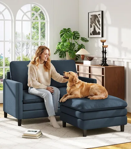 Vista 22 de Welzona Loveseat, 51" Small L Shaped Couch, Comfy Teddy Love Seat with Ottoman Set, Tool-Free Setup Loveseat Sofa with Ottoman, All-Wood Small Sofa