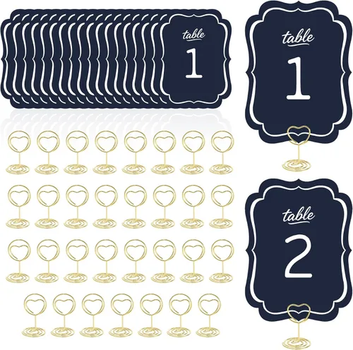 Vista 10 de Tarjetas de números de mesa del 1 al 30 números de mesa de boda azules con soporte, soportes de números de mesa, letreros de mesa de boda a granel