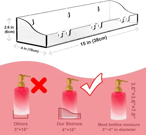 Vista 6 de Estantes acrílicos para baño, paquete de 2 estantes flotantes transparentes para ducha con ganchos transparentes montados en la pared, sin