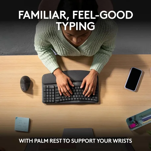 Vista 4 de Logitech Wave Keys - Teclado ergonómico inalámbrico con reposamanos acolchado para múltiples sistemas operativos + mouse Lift ergonómico vertical