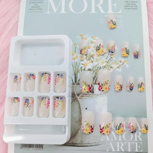 Vista 2 de 24 uñas postizas cuadradas a presión, cortas, bonitas, florales, acrílicas, con diseños de flores de arcoíris, uñas reutilizables con pegamento