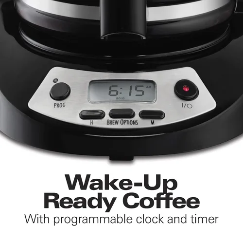 Vista 3 de Hamilton Beach Cafetera programable de 12 tazas, opciones de preparación, jarra de vidrio (46299), color negro con detalles de acero inoxidable