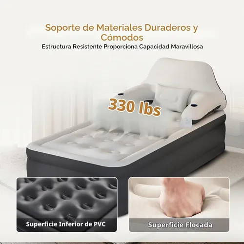 Vista 3 de Colchón de aire tamaño individual con cabecera ajustable y bomba, colchón inflable de la cama inflable