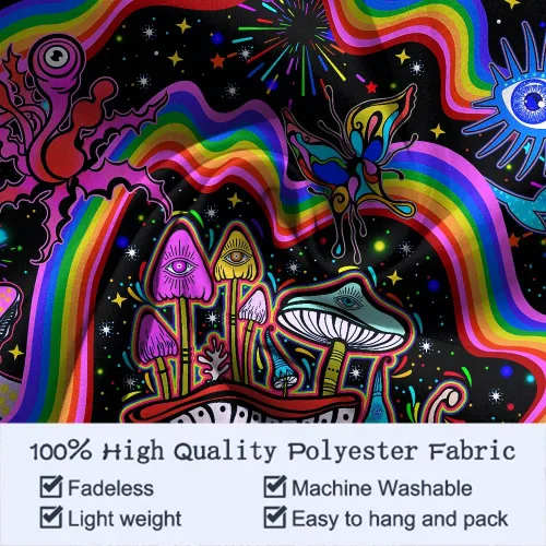 Vista 6 de NiYoung Tapiz Trippy para colgar en la pared, luz negra, arco iris, flores coloridas, ojos, estrellas, plantas mágicas, neón reactivo a los rayos
