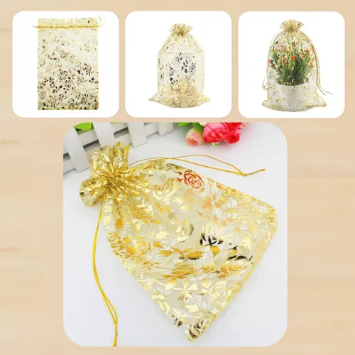 Vista 3 de 8 x 12 pulgadas 100 bolsas de flores de corazón con cordón de organza bolsa de regalo de joyería bolsa de dulces con cordón de regalo de boda