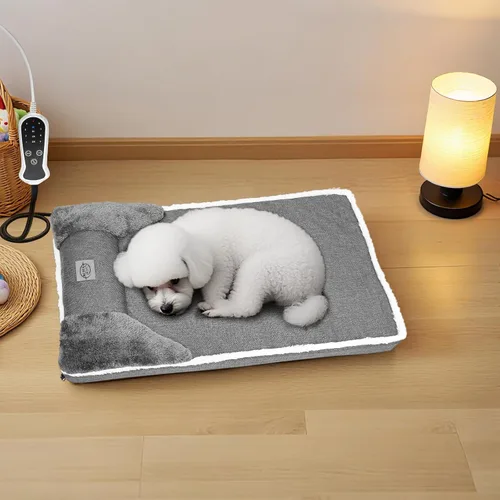 Vista 8 de Cama térmica para perros de 20x20 pulgadas, colchón de felpa con 9 niveles ajustables, funda extraíble lavable a máquina, fondo antideslizante, gris