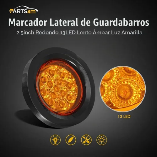 Vista 2 de Partsam Juego de 10 luces LED redondas ámbar de 2.5 pulgadas, 13 diodos con ojal de luz y alambre para remolque, remolque, remolque, rv, resistente