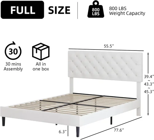 Vista 2 de BarnFurin Marco de cama tamaño completo con cabecero, cama de plataforma tapizada con cabecero acolchado con botones ajustables, marco de cama