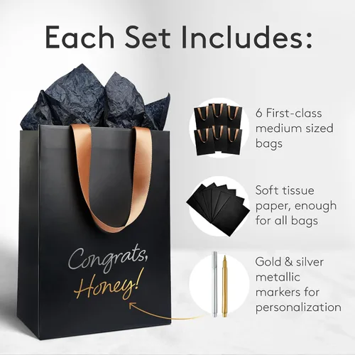 Vista 3 de Anavego 6 bolsas de regalo negras de primera clase con marcadores metálicos para personalización y papel de seda. Tamaño mediano 8 x 10 pulgadas.