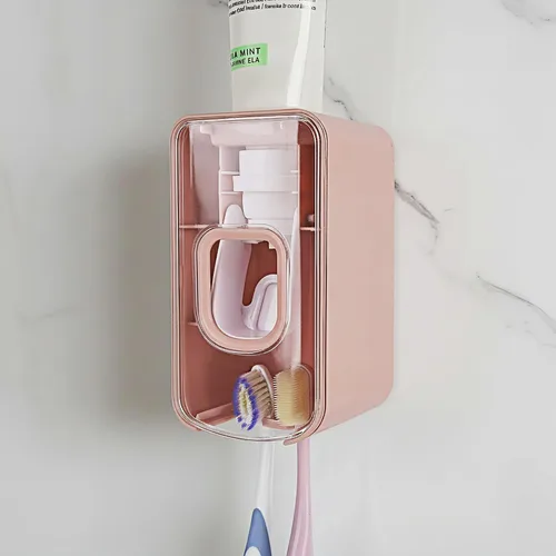 Vista 9 de Soporte de plástico para cepillos de dientes de 2 ranuras y dispensador de pasta de dientes montado en la pared, exprimidor automático de pasta