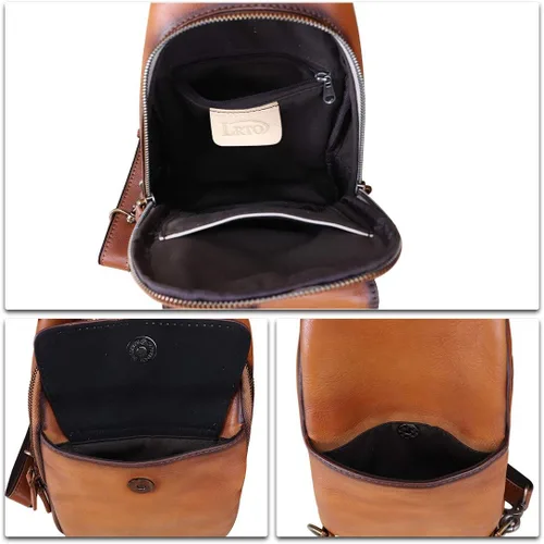 Vista 7 de LRTO Bolso bandolera de cuero genuino - Mochila de cuero hecha a mano para mujeres y hombres - Crossbody, bolsa de pecho