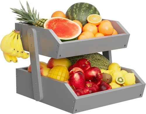 Vista 10 de Cesta de frutas de bambú de 2 niveles para encimera de cocina, encimera de almacenamiento de frutas de gran capacidad, soporte para frutas