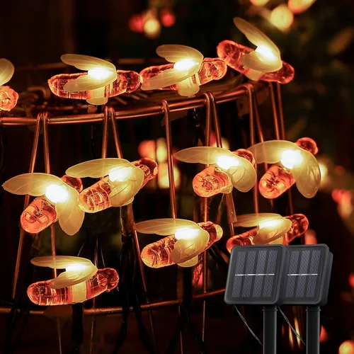 Vista 5 de Guirnalda de luces solares de abeja blanca cálida, paquete de 2 unidades de 30 LED