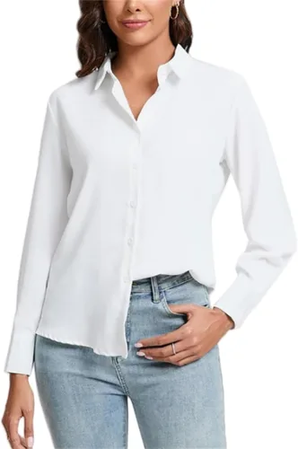 Vista 8 de Camisas con botones para mujer, ajuste delgado, manga larga, elástica, para negocios, casual, de manga larga