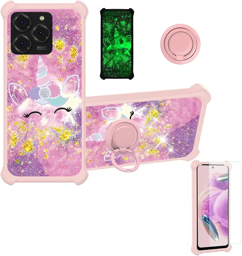 Vista 79 de jioeuinly Funda compatible con Oukitel P1 Pro con protector de pantalla de vidrio templado, policarbonato duro + silicona suave, soporte de anillo