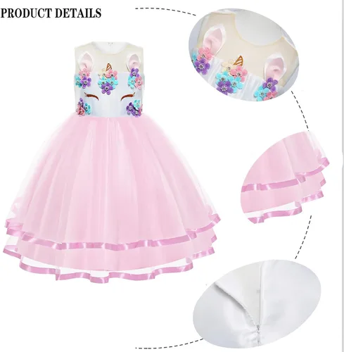 Vista 3 de Disfraz de unicornio para niñas, vestido de noche de fiesta de flores para Halloween