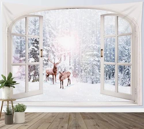 Vista 8 de WEENEO Tapiz de bosque de invierno, ventana, exterior, pino, Navidad, escena de nieve, tapiz de naturaleza, plantas, montaña bajo azul estrellado