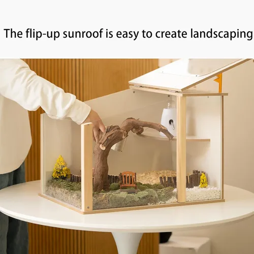 Vista 3 de Dxcaicc Escondite de hámster de madera con tragaluz grande abatible pequeño castillo para mascotas con ventana de acrílico transparente, casa