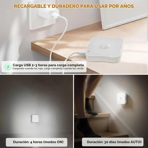Vista 7 de Luz recargable con sensor de movimiento para interiores, luces de escalera recargables, lámpara de noche a batería, inalámbrica, se pega en Blanco