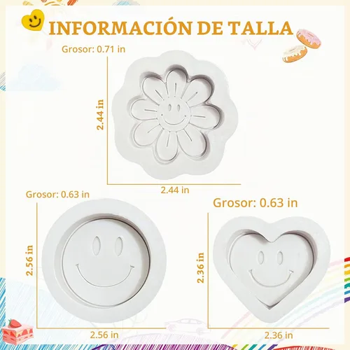Vista 5 de Moldes de silicona para fondant de cara sonriente (3 unidades), molde de silicona para decoración de pasteles de flores sonrientes para cupcakes