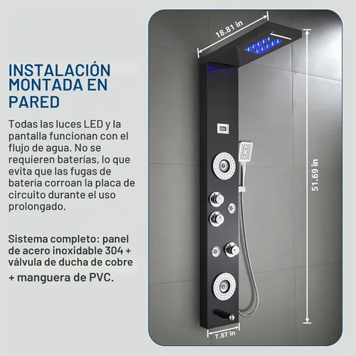 Vista 4 de Sistema de panel de ducha de acero inoxidable tipo torre de Ello&Allo, cabezal de LED, modo cascada o lluvia; sistema de hidromasaje con chorros